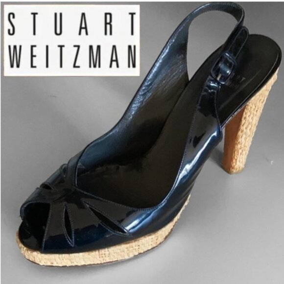 STUART Weitzman Black heels Size 7.5 patent leather peep toe - Picture 1 of 15